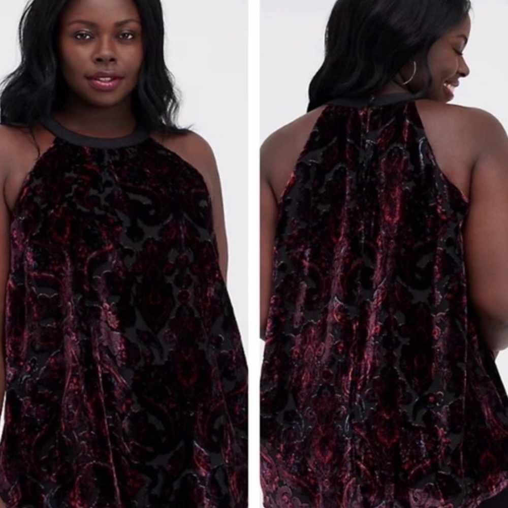Torrid Embroidered Paisley Burnout Velvet Tunic Tank Halter Neck Size 2X